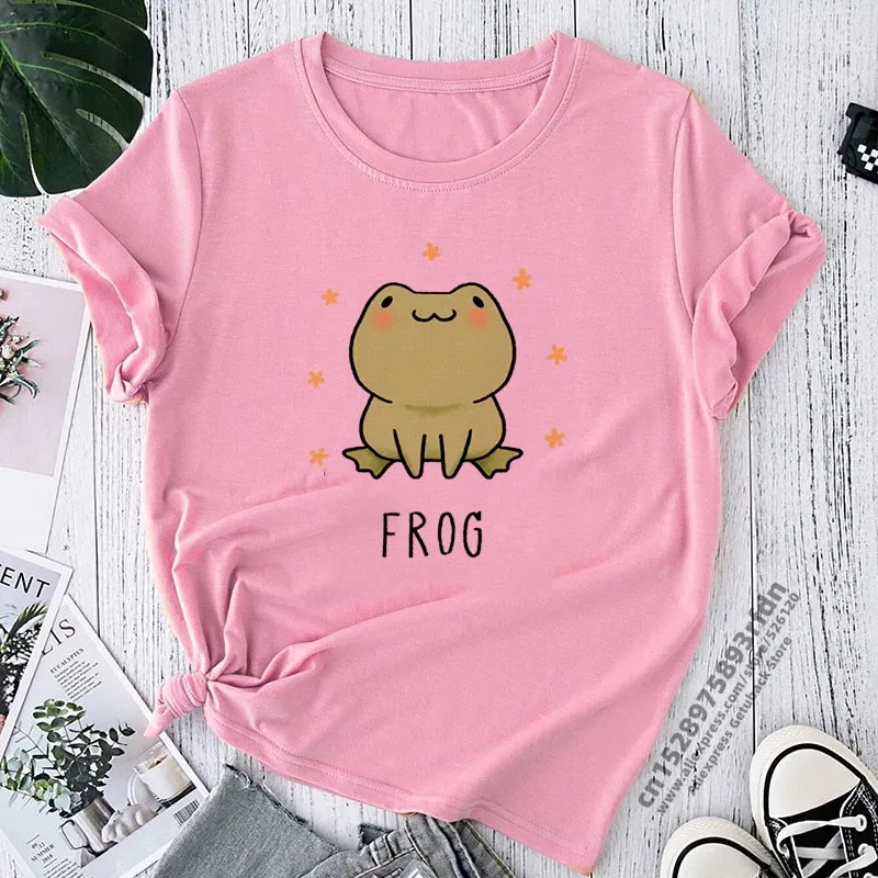 Cartoon Frog Print T Shirts Women Summer Short Sleeve Loose Anime T-shirt Female Harajuku O Neck Streetwear Kawaii Anime Tshirt