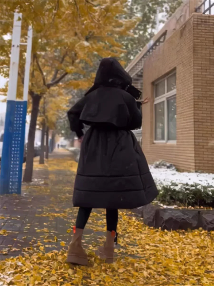 

Faionable European Sle Women's Long Over-Knee Du down Jaet Hooded Waist-Cinching Slimming Outerwear Trendy Commute Sle