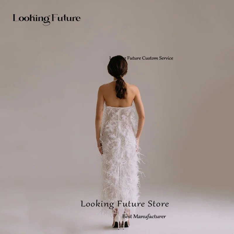 Modern Ivory Sheath Wedding Dress Sexy Halter Neck Sleeveless Bride Dresses Formal Open Back Pleat Appliques Feathers Ankle-Leng