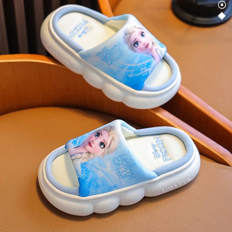 Pantoufles en lin Disney Princess Elsa pour enfants, semelle optique non ald respirante, chaussures de sol pour bébé, pantoufles d\'été pour la