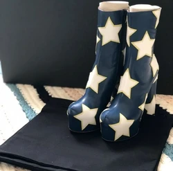 Round Toe Winter Shiny Star Ankle Boots Halloween Five Pointed Star Embroidery Platform Block High Heels Winter Booties