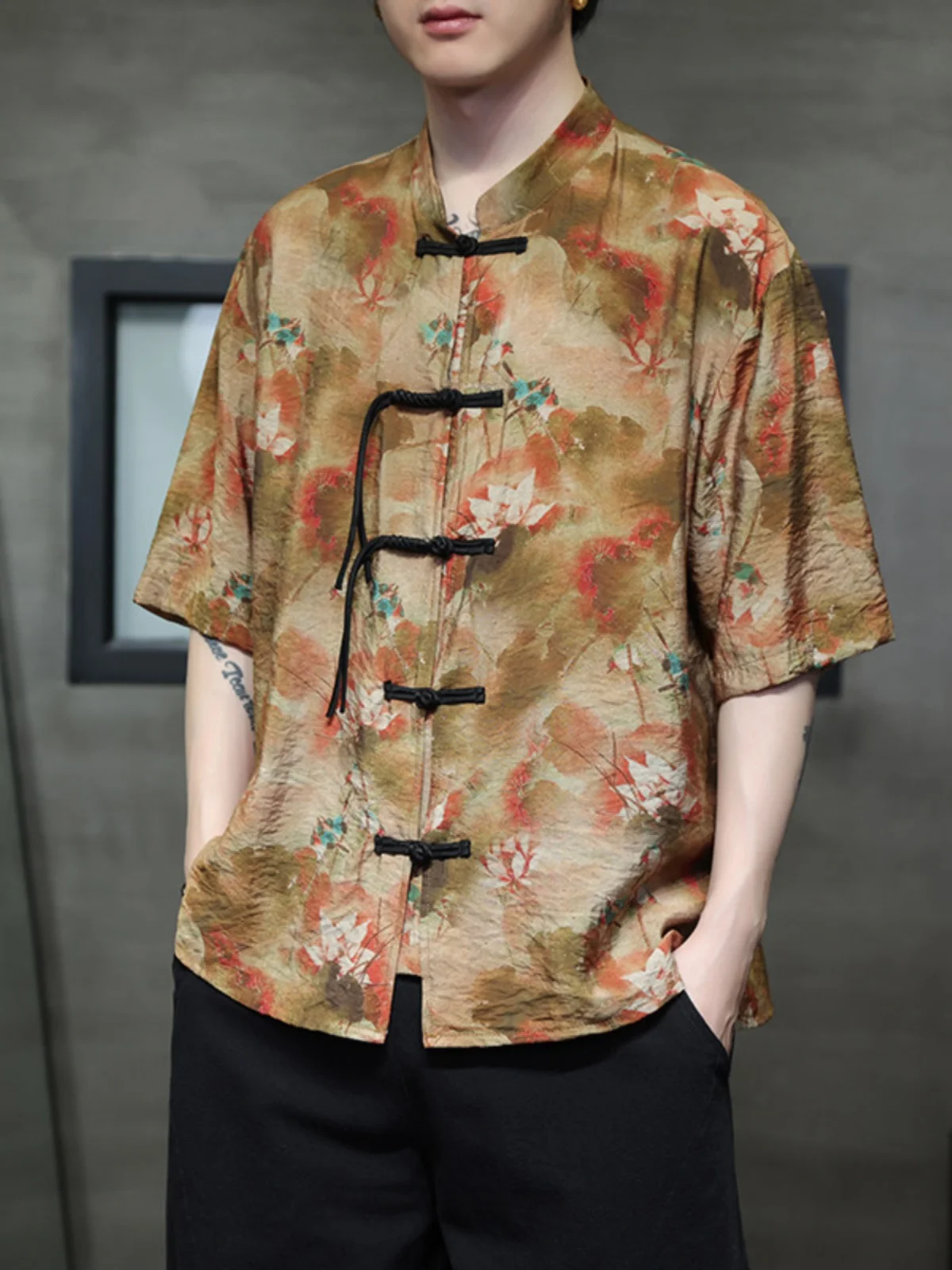 

Ice Silk Men's irt Thin ort Sve Button up Chinese Sle Retro Tang Costume Hanfu Summer Cool Feeling Loose Fit Printed