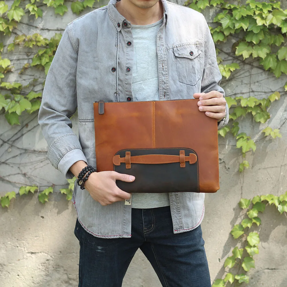 S.WORKER Clutch-Tasche aus echtem Vollnarben-Rindsleder, Herren-Handtasche, Vintage-Tasche, lässige Handtasche mit großem Fassungsvermögen für Herren – Detail 4