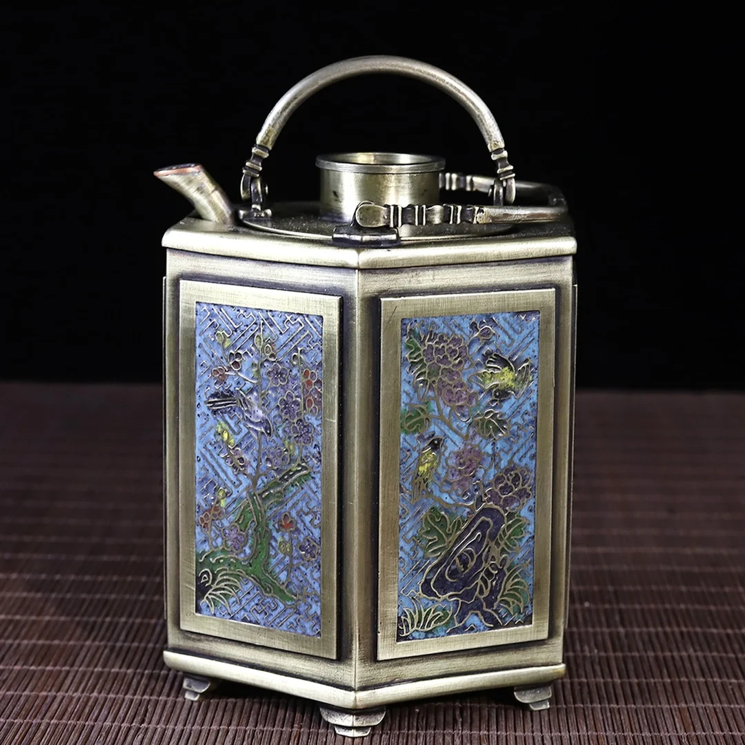 White Copper Jingte Blue Floral And Bird Hexagonal Handle Wine Warmer