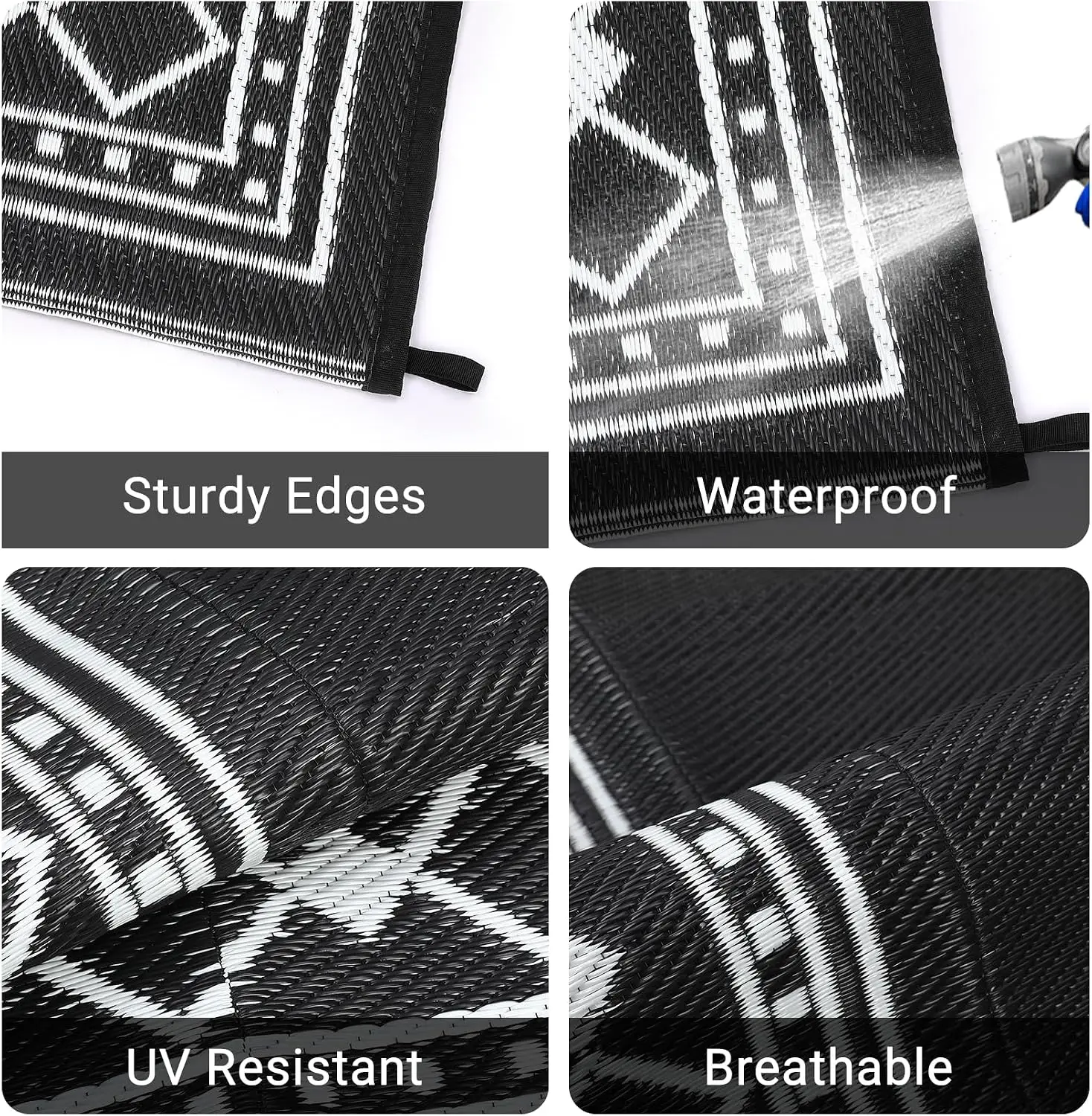 10x20 Large Outdoor Patio Rug – Waterproof Plastic Straw Carpet, Washable, Reversible, Modern Border Design – for Camping, RV, Deck, Porch, Picnic, Balcony, Backyard (Black/White)
