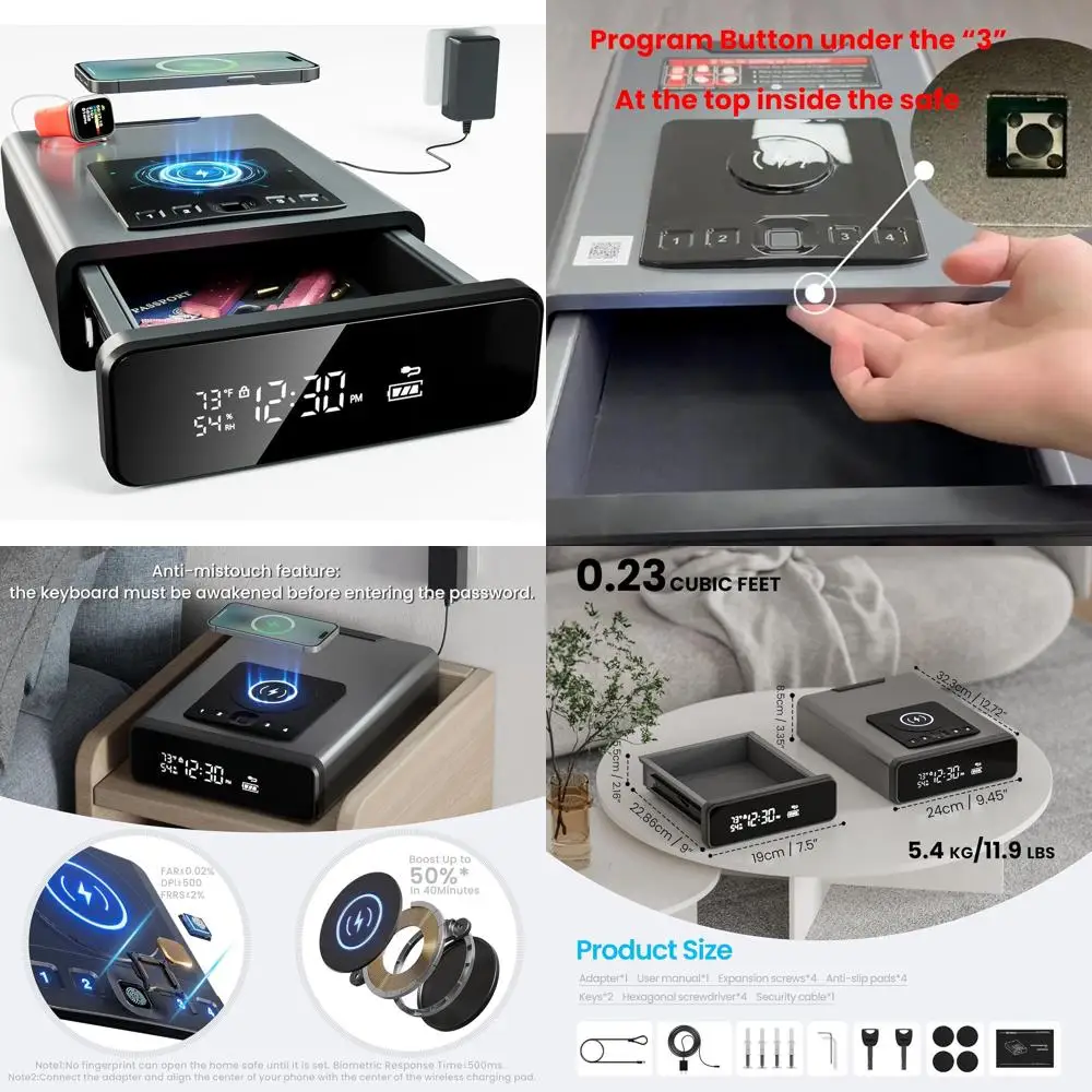 

Биометрический сейф для пистолета с 12-часовым дисплеем, беспроводной зарядкой, регулируемой яркостью, клавиатурой с подсветкой, светодиодной подсветкой, автоматическим открыванием (серый)