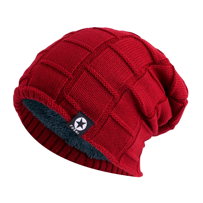 Men Women Winter Slouchy Knitted Beanie Hat Fleece-lined Warm Square Grid Knit Cap Outdoor Ski Casual Thickened Hat
