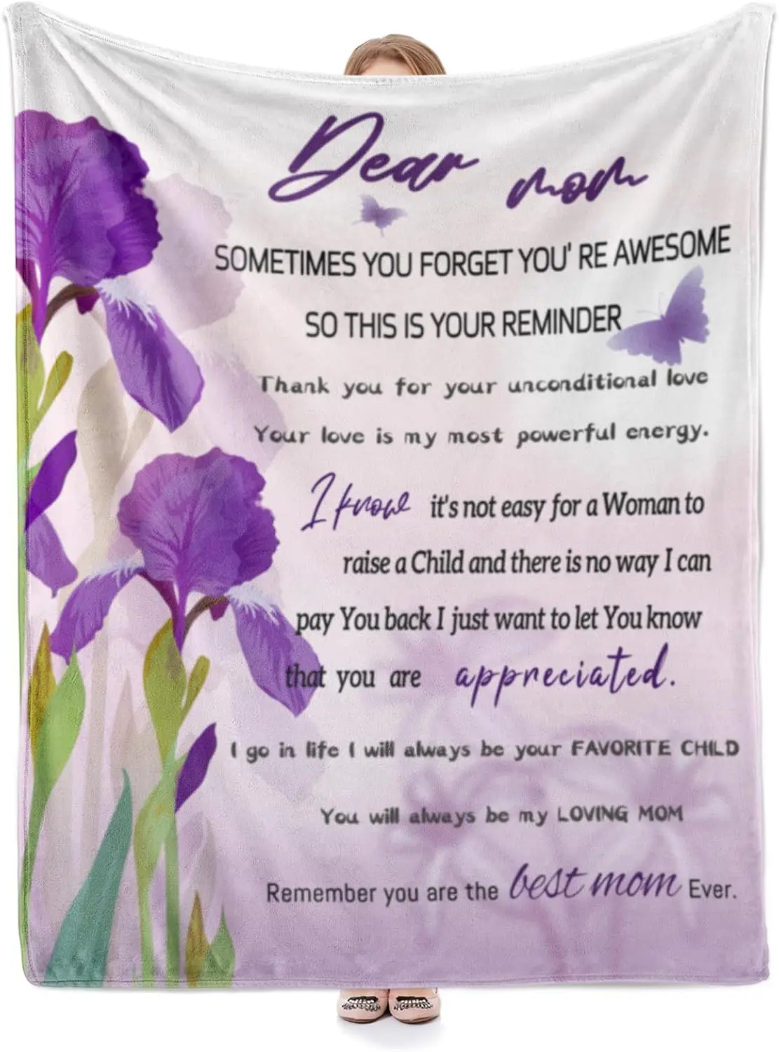 Mothers Day Birthday Gifts for Mom from Daughter Son Dear Mom Blanket with Purple Floral Warm Letter Presents for Mom, Soft Cozy