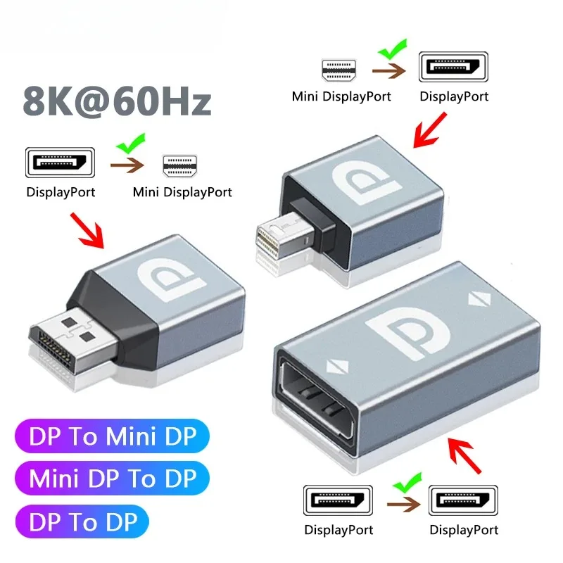 Mini DisplayPort Dp1.4 HDTV adaptador, conversor, fêmea para macho, 8K, 60Hz, 4K vídeo, laptop, monitor de computador, projetor