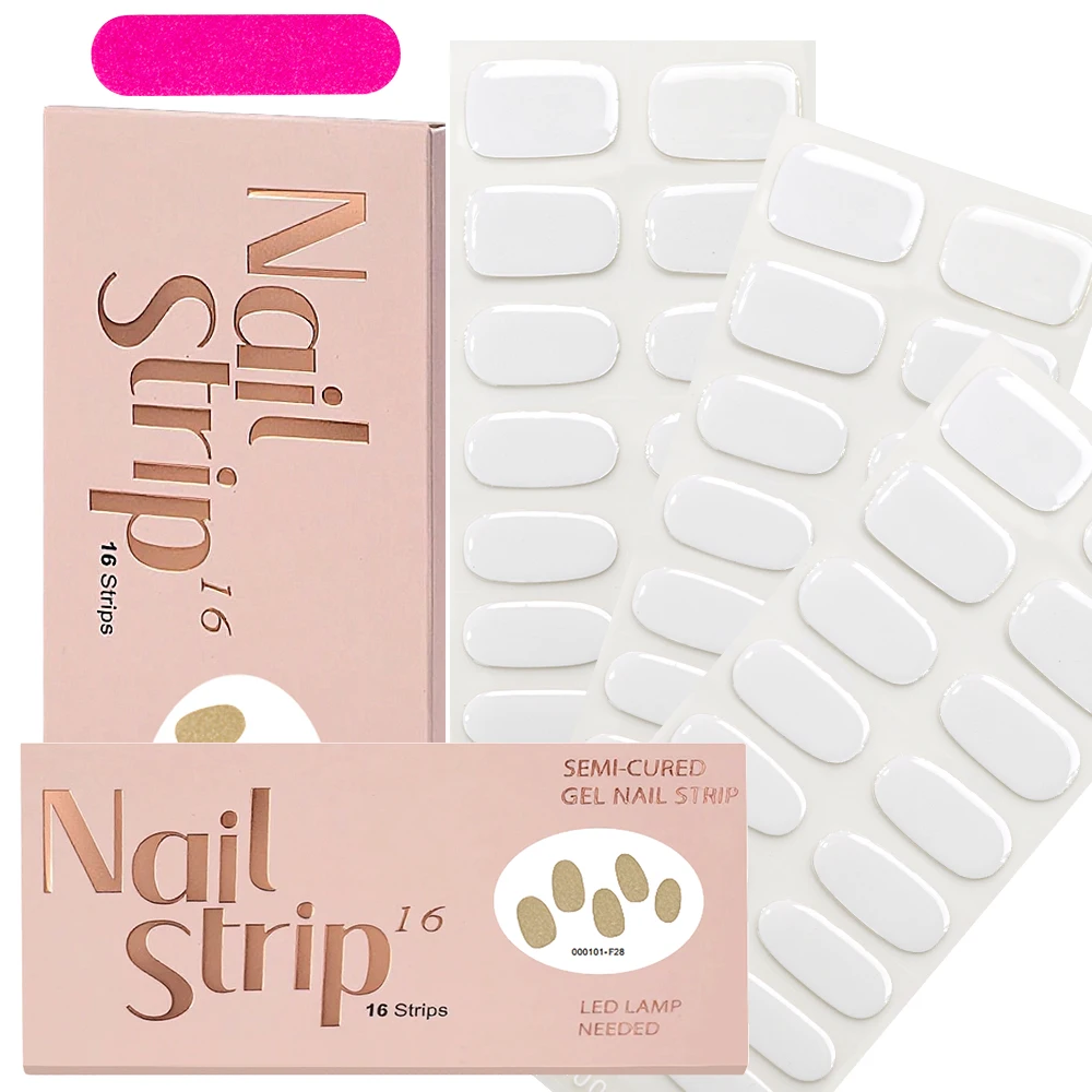 16tips White Full Cover Semi-Cured Gel Nail Stickers Solid Color&Glitter UV/LED Long-Lasting Slider For Extension Nail Stickers