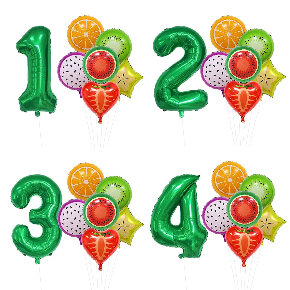 

7pcs Summer Fruit Themed Strawberry Pitaya Watermelon Orange Kiwi Numbers Foil Balloons 0-9 Years Old Birthday Party Decorations