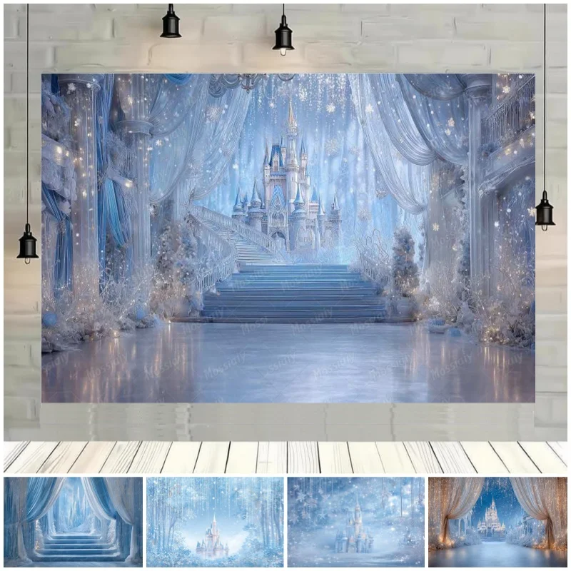 Winterliches Schloss-Fotografie-Hintergrundbild, Schneewunderland, Mädchen-Geburtstag, Fotohintergrund, Party-Dekoration, Studioaufnahmen