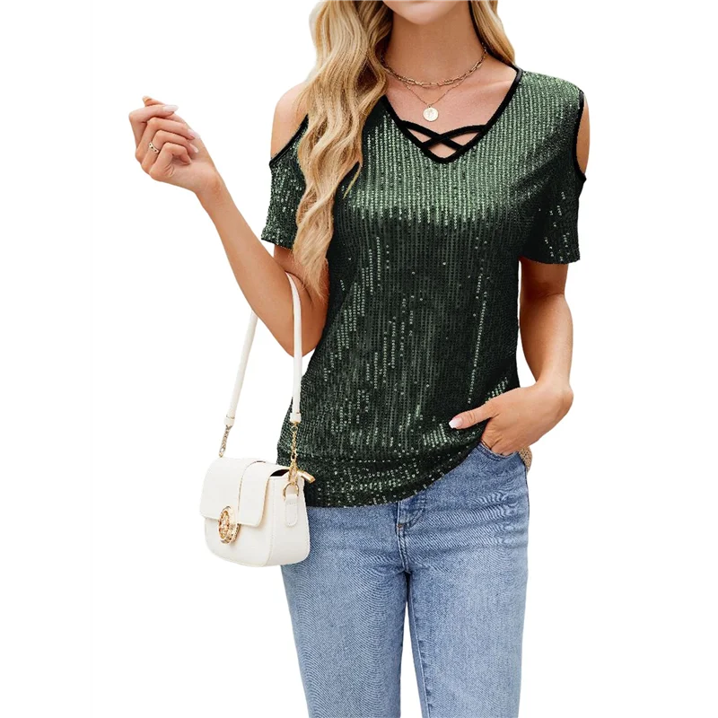 

AG-Women Sparkly Shirt Party Top Shirts Glitter Cold Shoulder V Neck Blouses Evening Club Outfits
