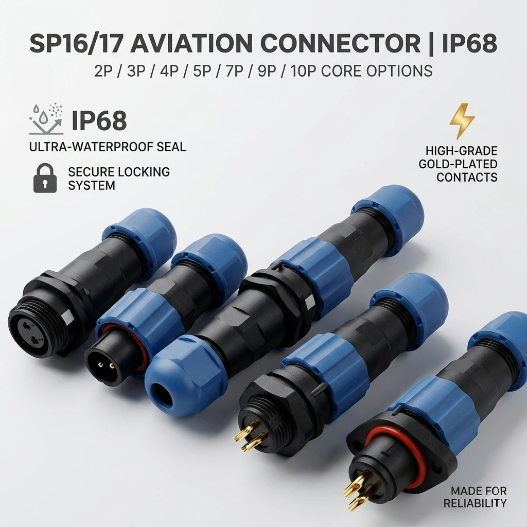 

SP16 SP17 IP68 Aviation Waterproof Connector 2/3/4/5/6/7/9/10Pin Connector Nut/Square/Docking Male Female Plug Socket