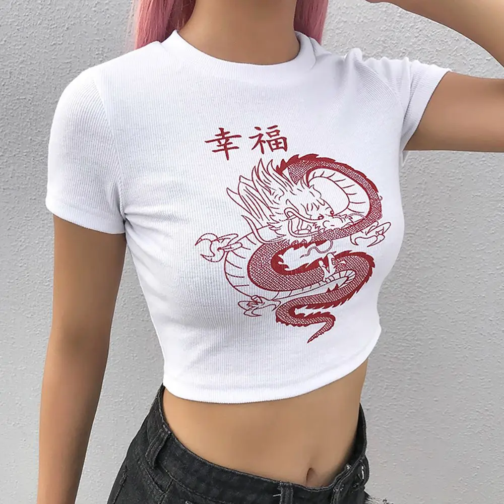 

Short-sleeved European and American Women's Clothing New Open-button Happiness Dragon Printing Crew Neck T-shirt Tight and Slim
