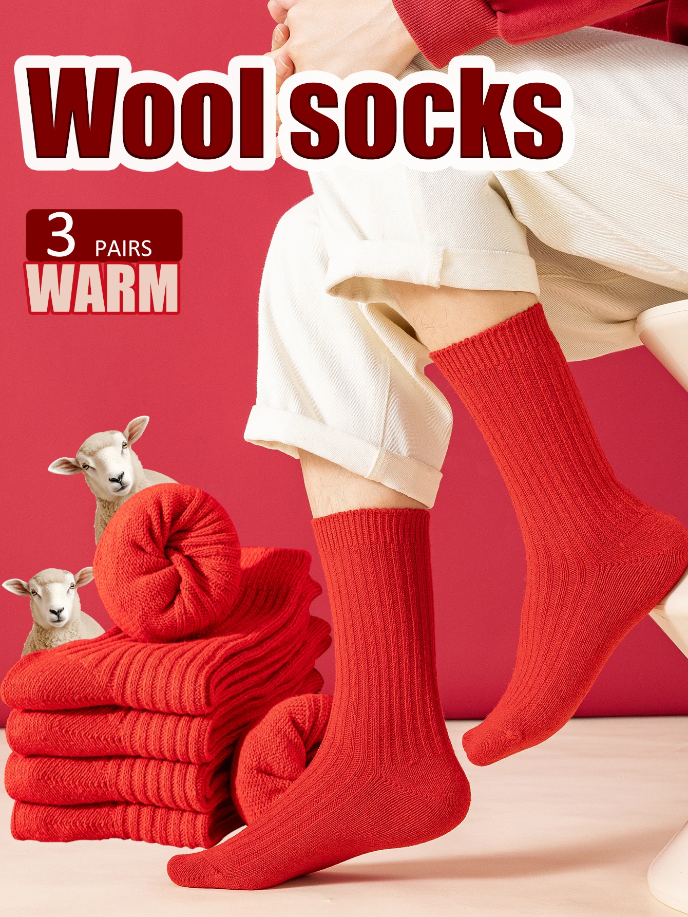 3 pairs of red winter thick and warm wool socks, the same style for both men and women. Perfect for outdoor activities.