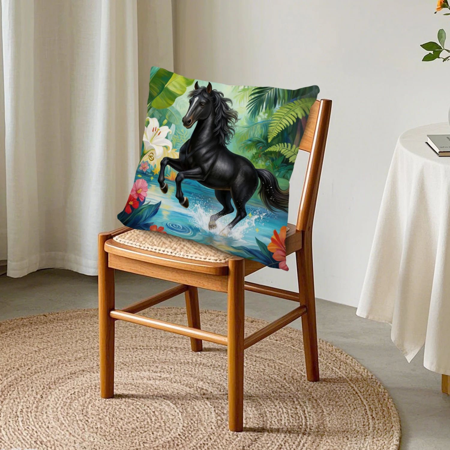 Black Horse Jungle Cushion Cover Tropical Animal Pillowcase Forest Botanical Nature Decor Sofa Bedroom Equestrian Gifts