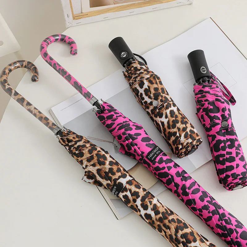 Leopard print automatic weather umbrella. Fashion sexy umbrella. Triple folding goddess umbrella. High density percussion cloth