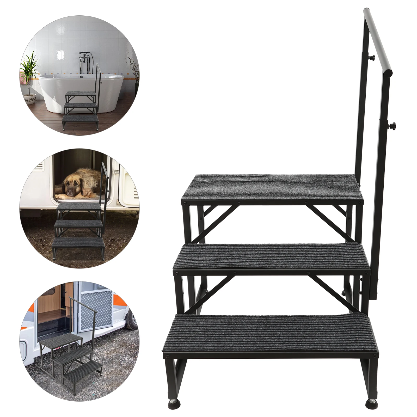 Outdoor RV Travel Trailer Steel 3 Steps Ladder With Handrail Adjustable Anti-Slip Foot Pads Portable Step Stool Soft Cushion