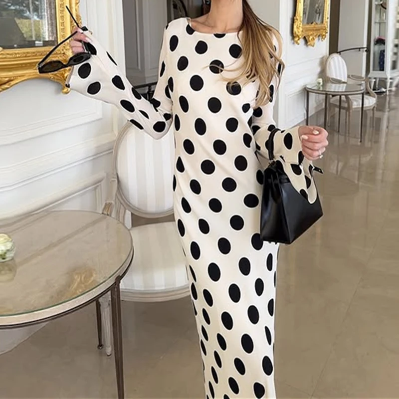 

BluWin 2025 Casual Flare Sleeve High Waist Slim Robes Sexy O Neck Party Maxi Dress French Style Polka Dot Print Aline Long Dress