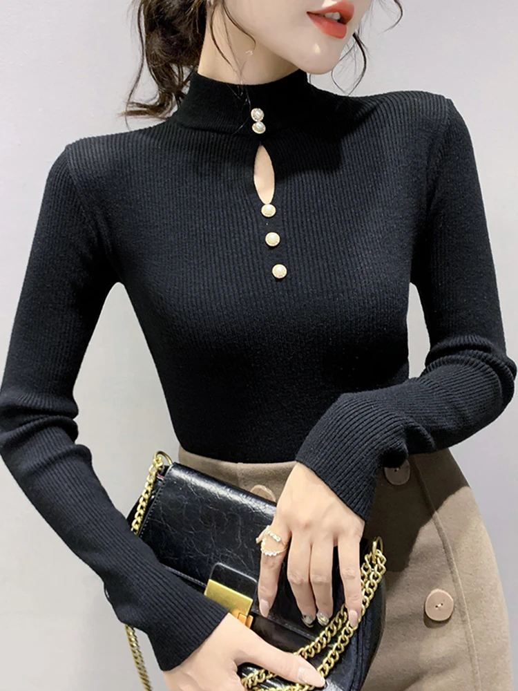 

2025 Autumn Winter Pullovers Women Hollow-out Sweaters Long Sleeve Half High Collar Sweater Female Slim Korean Knitwears Tops