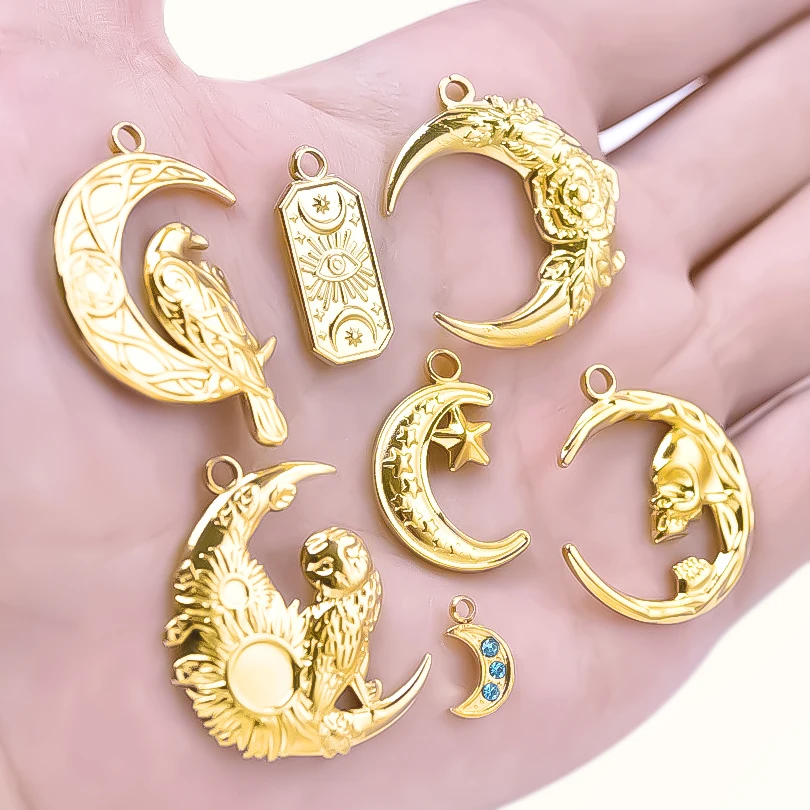 6Pcs Klasyczny wisiorek z księżycem 18K Prawdziwe pozłacane zawieszki ze stali nierdzewnej do tworzenia biżuterii Luna Star Owl Witch Charm DIY