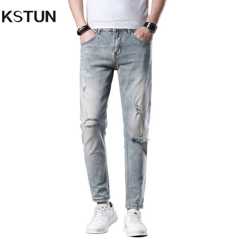 Ripped Jeans Men Skinny Fit Hollow Out Hip Hop Denim Pants Ankle Lenth Pants For Man Light Blue Stretch 2024 New Arrival Cowboys