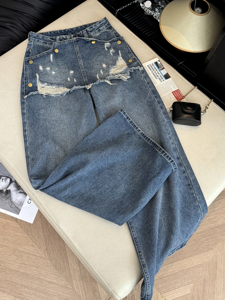 

Женские джинсы с высокой талией и широкими штанинами, новинка весны, имитация двухслойности, с рваными элементами, джинсовые брюки с микро-клешем, длина в пол