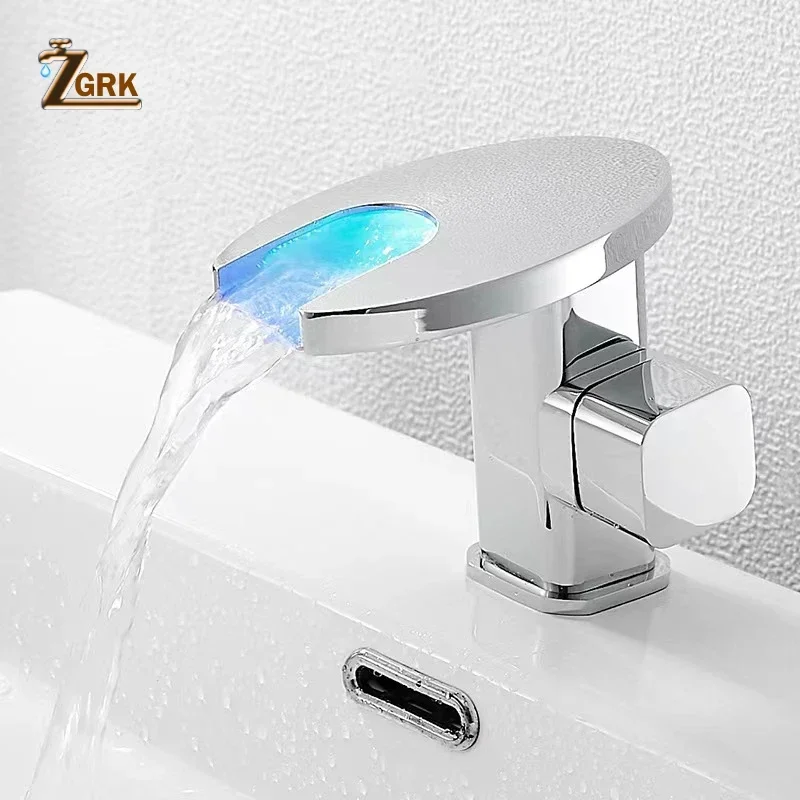 Waterfall Faucet LED Light Intelligent Basin Mixer Tap Color Changing Temperature Sensitive Bathroom Faucets Single Hole
