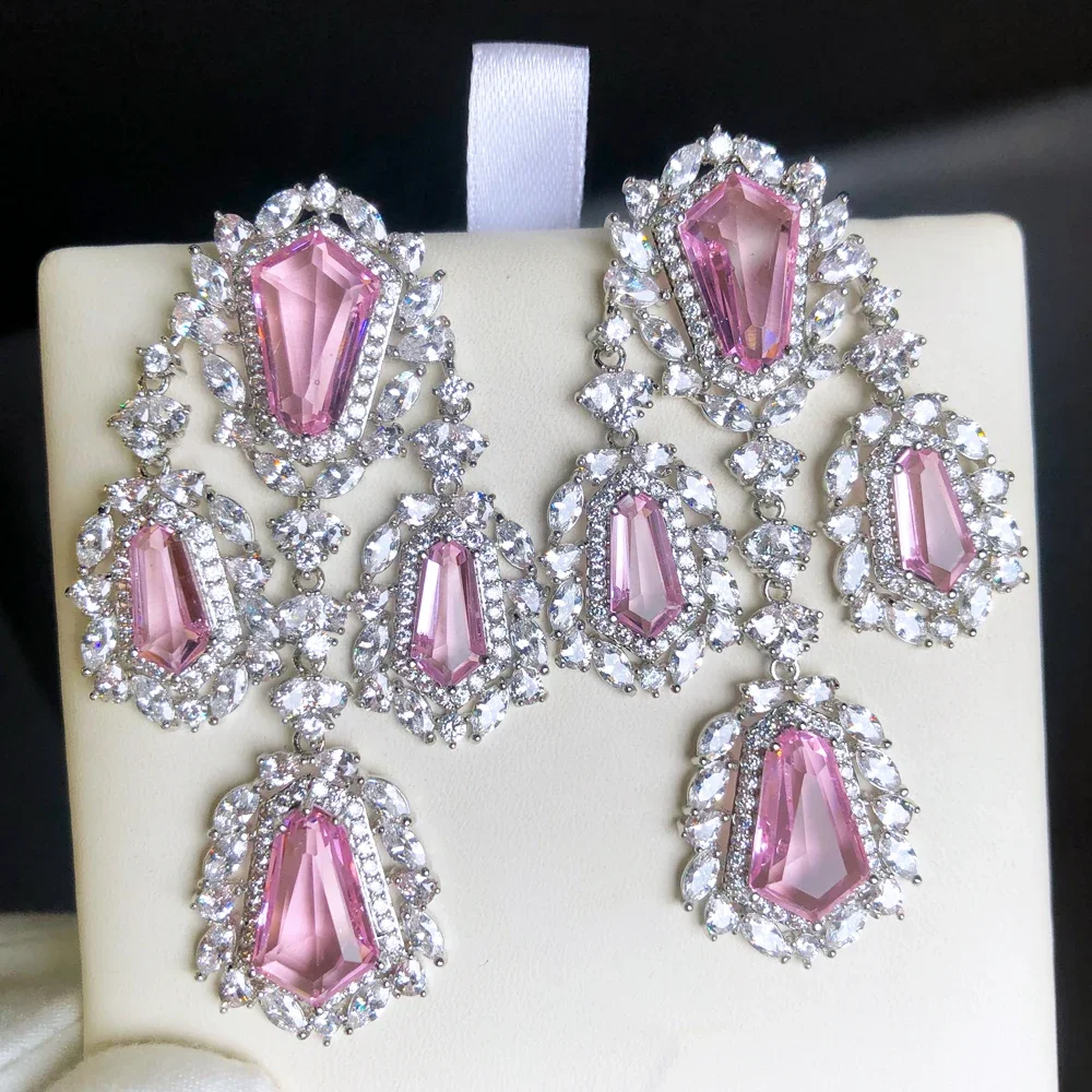 

Soramoore New Luxury Pink Blue Drop Earrings For Women Wedding Cubic Zircon Crystal CZ Bridal Earring Fashion Jewelry