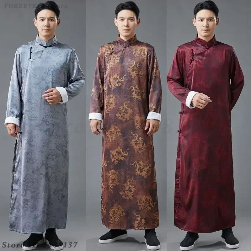Vintage Dragon Pattern Qipao Dress Gown Chinese Traditional Long Robes Crosstalk Oriental Tang Clothes Men's Performance Costume