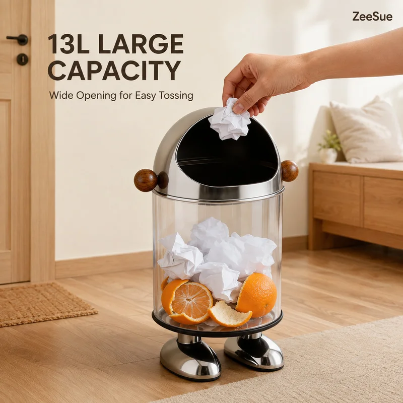 ZeeSue Playful Robot Waste Bin with Metallic Accents, Decorative Open-Mouth Garbage Can for Home, Kids Room and Office