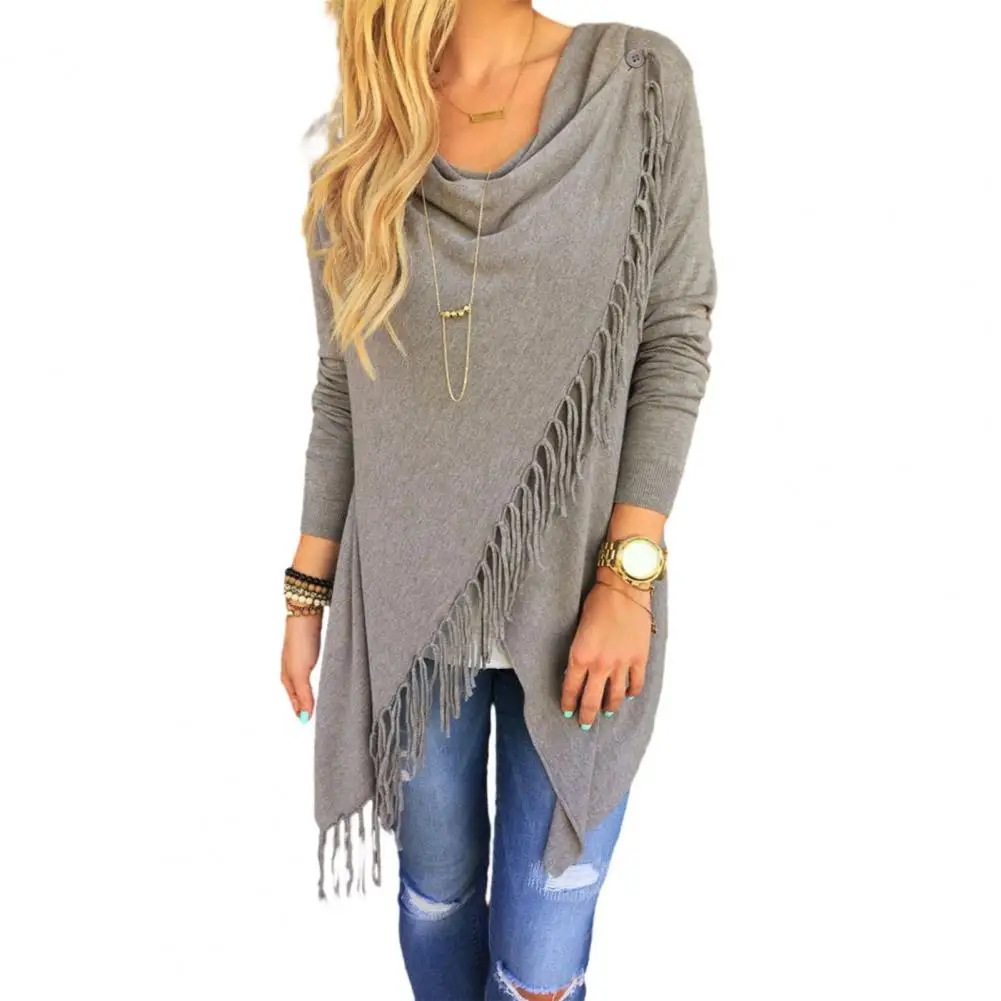 

Autumn Winter Women's Tassel Hem Shawl Cardigan Asymmetric Hem Pullover Poncho Coat Fringed Cowl Neck Wrap Cape Outerwear