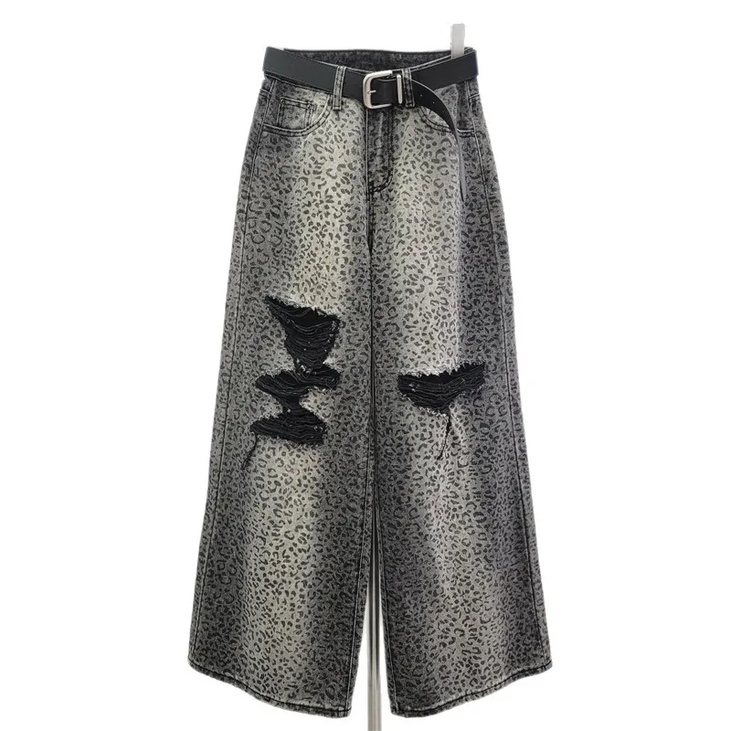 ANJY Primavera Autunno Nuove Donne Alla Moda Della Stampa Del Leopardo Strappato Gamba Larga Pantaloni di Jeans Chic High Street Allentato Versatile Marea Jeans A18233