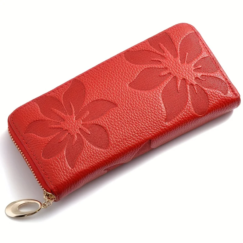 Classic Flower Embossed Long Wallet, Zipper Around Con Purse, Solid Color Credit Card Holder