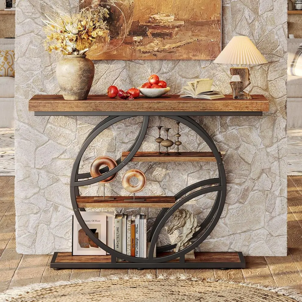 طاولة كونسول بنية ريفية صناعية مع مساحة تخزين، طاولة أريكة مدخل 41.3، طاولة مميزة للممر والردهة والمدخل #6