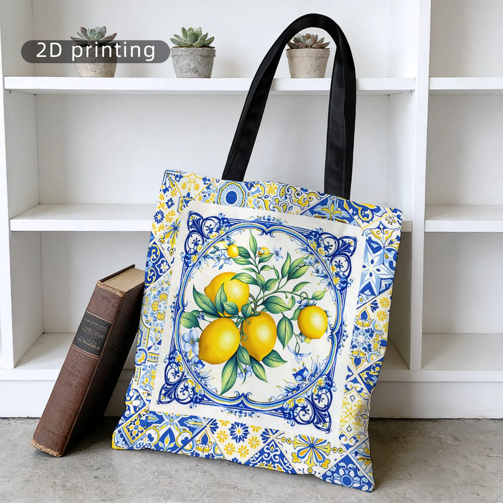 Pattern Printing Handbag Large Capacity Shoulder Shopping Bag Multi Purpose Package Blue and Yellow Tiles Lemons Foliage Design