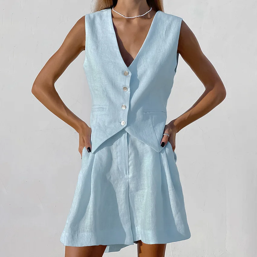 Summer Home Clothes Elegant Cotton Linen Vacation Outfits Vest Tops And Hot Pants 2-Piece Suit 2023 Office Lady Shorts Sets