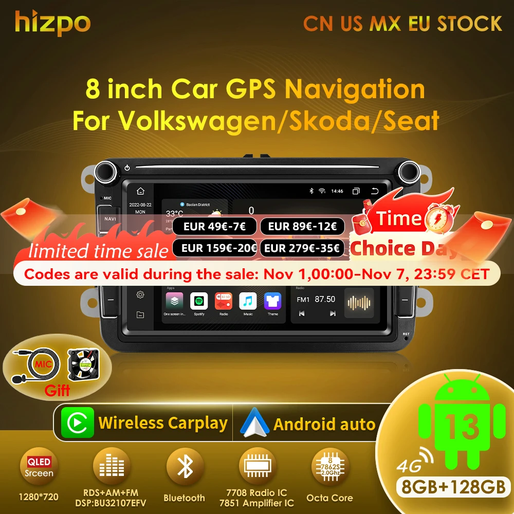 Hizpo 8" 2 Din Android Auto Car Radio GPS 4G WiFi Carplay For VW / Volkswagen Skoda Octavia golf 5 6 Touran Passat B6 Polo Jetta