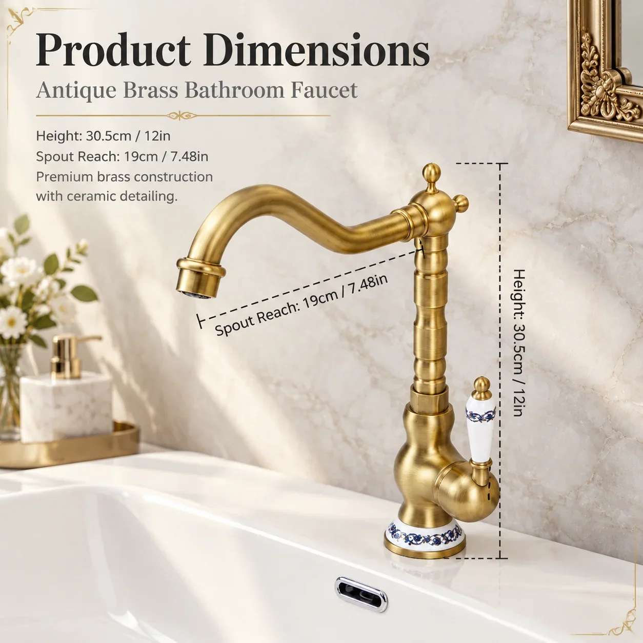European retro bathroom basin faucet with brass body, blue and white ceramic decoration, 360 ° rotating spout, basin on the tabl