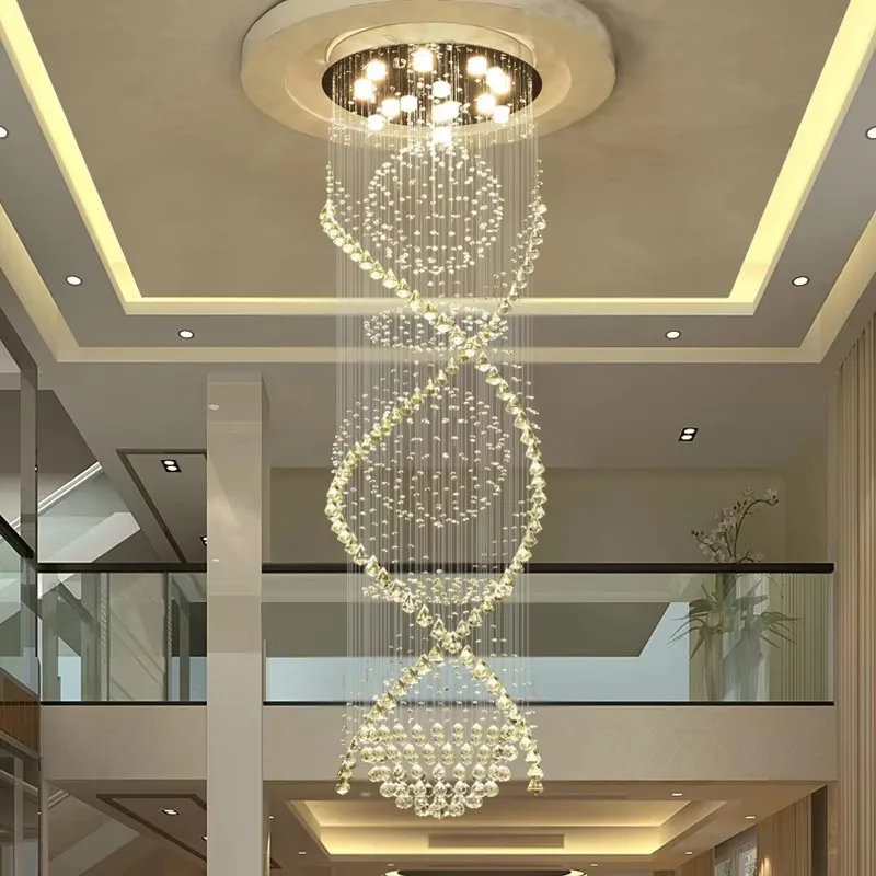 Modern Long LED Spiral Living Crystal Chandeliers Lighting Indoor Fixture for Staircase Stair Lamp Showcase Bedroom Hotel Hall