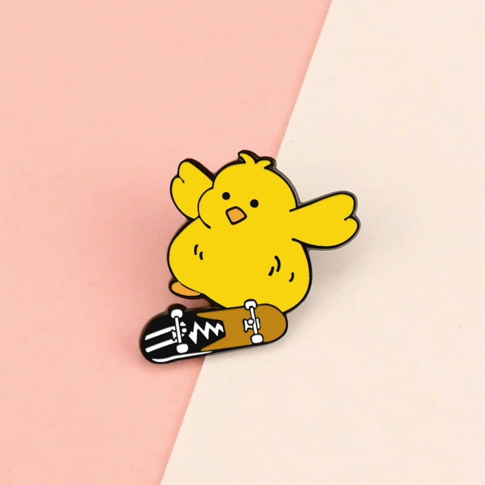 Funny Skate Goose Enamel Pins Cute Yellow Duck Chicks Playing Skateboard Bag Brooch Cartoon Denim Lapel Pin Badges Gift for Kids
