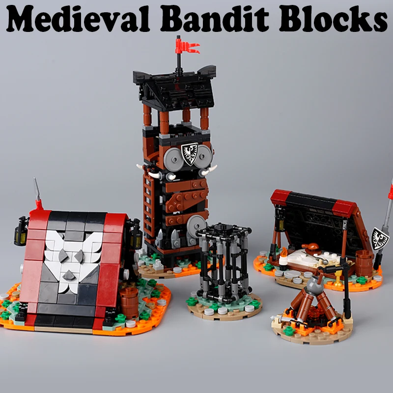 MOC Medieval Bandit Series Building Blocks Castle Military Army Soldier Figures Watchtower Tent Bonfire Weapons Bricks Toys Boys