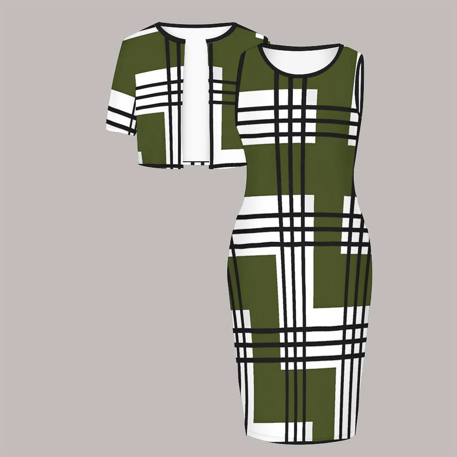 Plus Size 2pcs Women's  Round-necked Tight Skirts Fashion Short-sleeved Coat  Printed Design Two Piece Set Sleeveless Slim Skirt