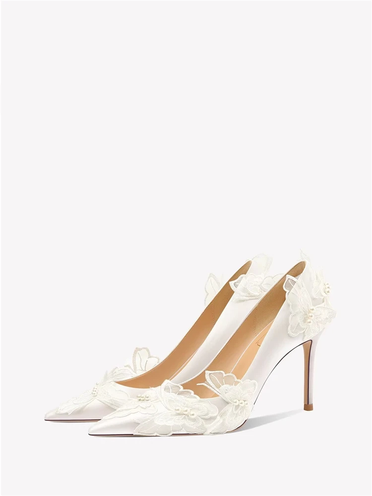 

Spring new pointed lace mesh pearl butterfly silk wedding shoes banquet dress large size small size thin high-heeled women shoes