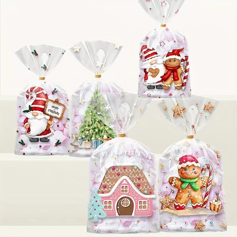 50 Stück Weihnachtsgeschenktüten, blaugrüne Feiertagstüten mit Lebkuchenhäusern, Bäumen, Geschenken – langlebige Kunststoffverpackung für Partys – Detail 4