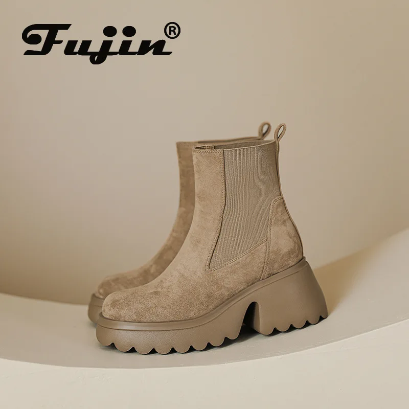 

Fujin 7cm Woman Spring Chelsea Autumn Platform Shoes Stretch Fabric Mid Cald Boots Sock Wedges Slip on Over Knee High Fashion