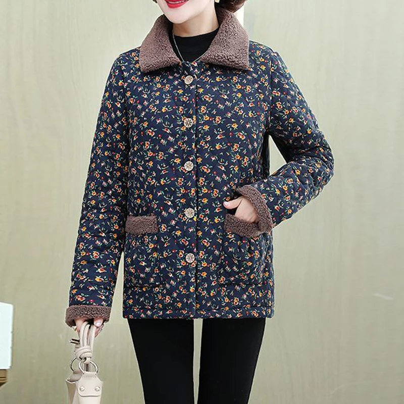 Middle Aged Elderly Women's Clothing Winter Fashion Printed Fleece Thick Warm Coat Casual Long Sleeve Loose Button Cotton Jacket