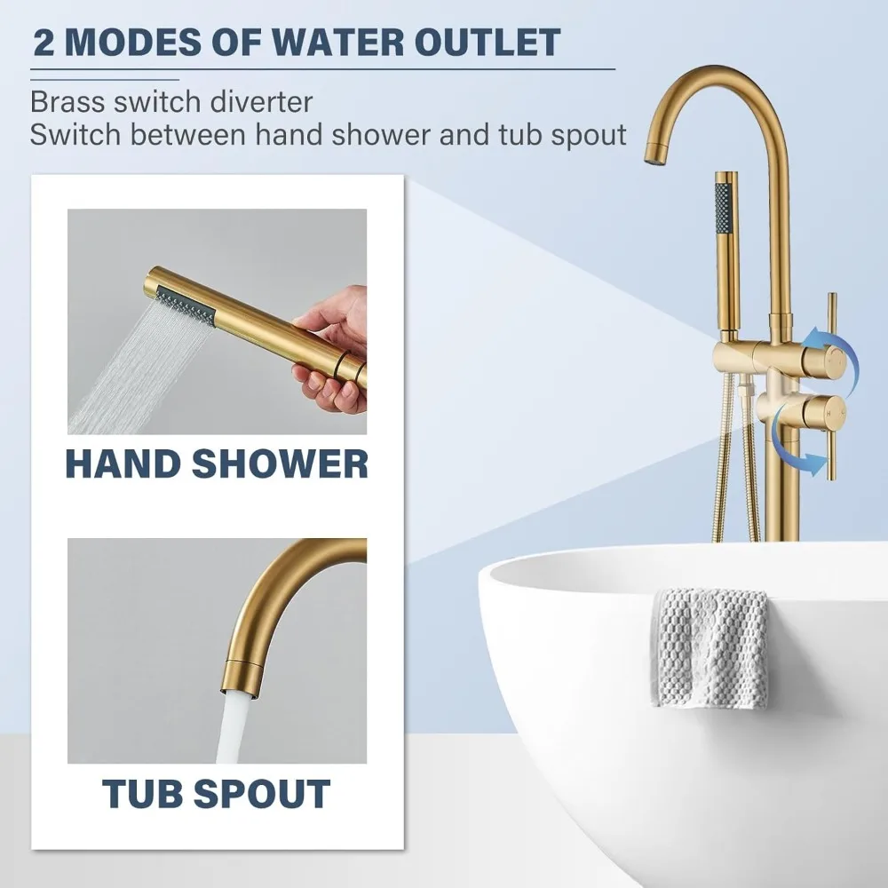 Grifo de bañera independiente con montaje en suelo y acabado en oro cepillado, sistema de ducha de alto flujo que incluye mezclador de ducha de mano Ta