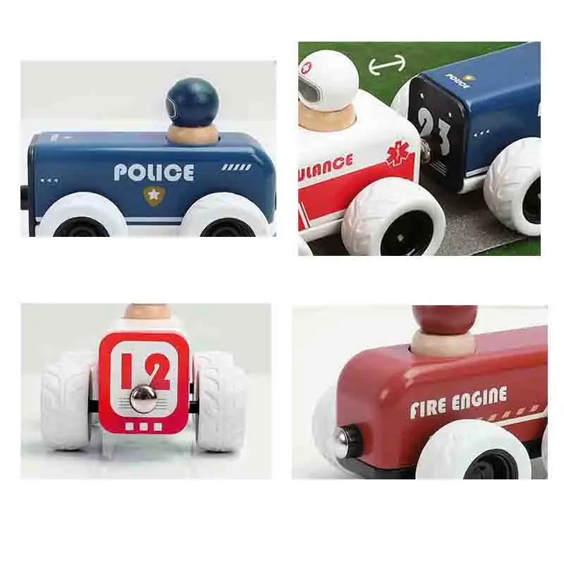 Motores de bomberos de madera, automóviles de policía y ambulancias; Cochecitos retráctiles; Juguetes de madera para la educación infantil; Regalo de cumpleaños